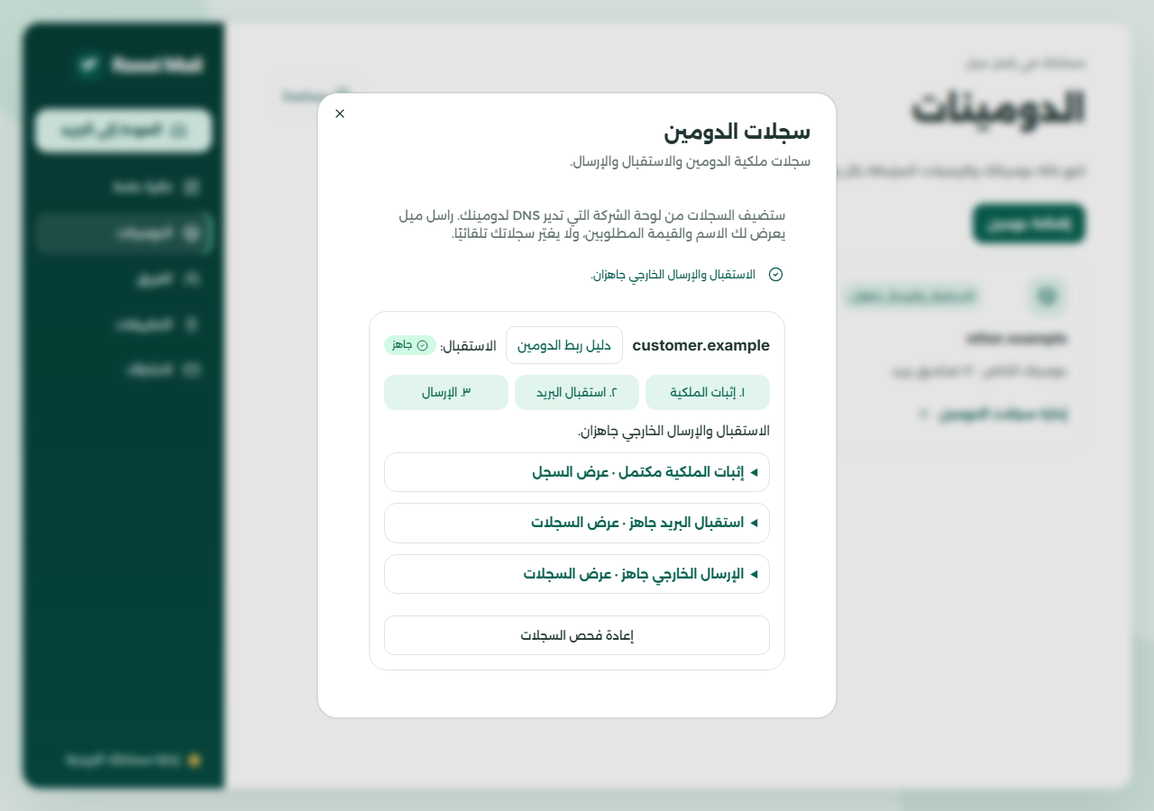 Rasel Mail setup stages for an illustrative domain.