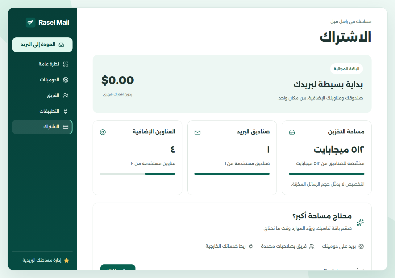 Rasel Mail free subscription screen using a test account.